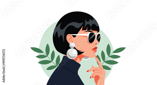 A chic and stylish portrait of a woman with a black bob haircut, wearing large white sunglasses and pearl earrings.