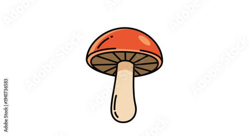 A simple and cute cartoon-style illustration of a single mushroom with a shiny red-orange cap, perfect as a food icon.