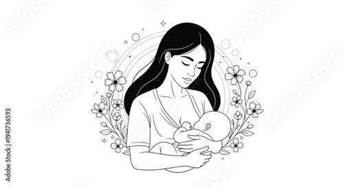 A tender black and white line art drawing of a mother breastfeeding her newborn baby, framed by a delicate floral wreath.