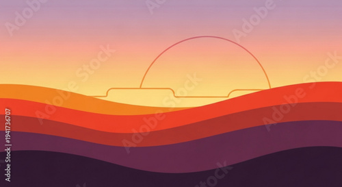 Vibrant sunset over wavy landscape with modern abstract design