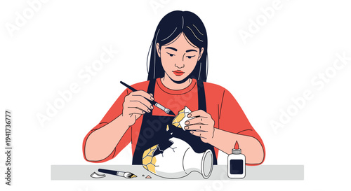 Illustration of a woman practicing the Japanese art of Kintsugi, carefully mending a broken vase with gold lacquer at a desk.
