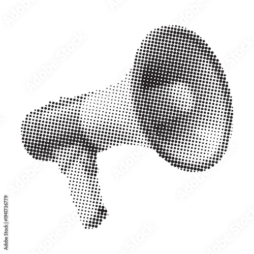 Halftone Megaphone Silhouette. Announcement, Promotion, and Public Relations Concept in Black and White