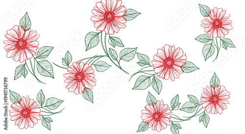 Hand-drawn set of beautiful red gerbera daisy flowers with green leaves in a detailed sketch or engraving vector art style.