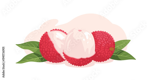 Fresh and juicy lychee fruit illustration with whole, peeled, and half-peeled lychees with green leaves on a pink background.