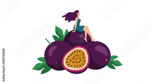 A beautiful woman in a blue dress sits atop a pile of fresh passion fruits in this creative and conceptual vector illustration.