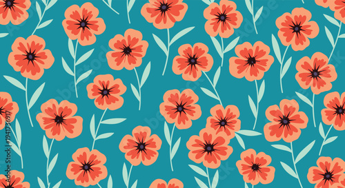 Seamless floral vector pattern with simple orange flowers and green stems on a vibrant teal background for textile and wallpaper.