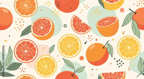 Fresh and modern seamless pattern with colorful citrus fruits, slices, and leaves on a light background for summer designs.
