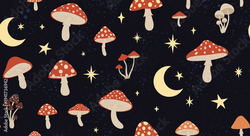 Magical seamless pattern with whimsical mushrooms, crescent moons, and stars on a dark night sky background for mystical designs.