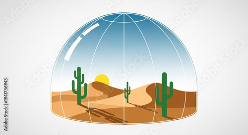 Futuristic desert dome with cacti at sunset