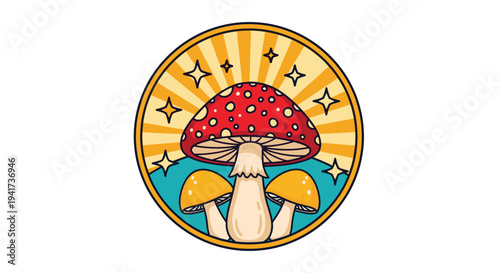 Groovy retro sticker design with a magical amanita muscaria mushroom, a sunburst background, and sparkles in a circular patch.