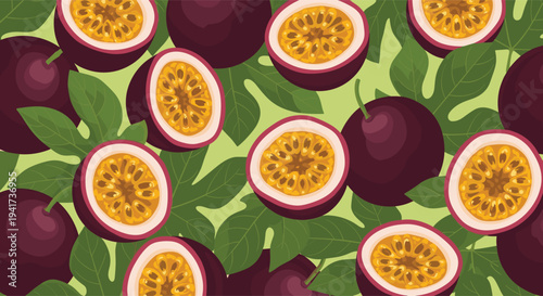 A vibrant and seamless vector pattern of fresh purple passion fruits and green leaves, perfect for tropical summer-themed designs.