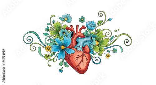 Anatomical human heart blooming with beautiful blue and green flowers and swirling vines in a detailed, artistic vector illustration.