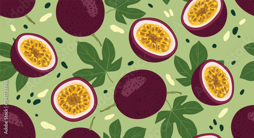 A beautiful seamless pattern with whole and sliced passion fruits, leaves, and abstract dots on a light green background design.