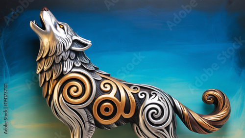 A striking digital artwork captures the spirit of a wolf howling at the moon, detailed with intricate metallic ornamentation and swirling patterns against a serene blue sky