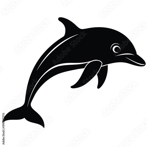 A silhouette black and white dolphin on white background
