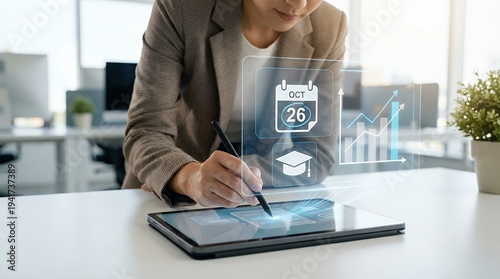 Medium close-up of a professional using a stylus on a tablet while a floating education dashboard displays calendar, graduation cap icon and bar chart analytics, subtle stylus interaction navigating m