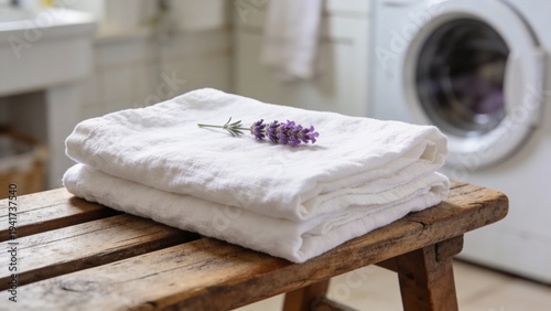 Folded white towel with lavender sprig in rustic laundry room interior