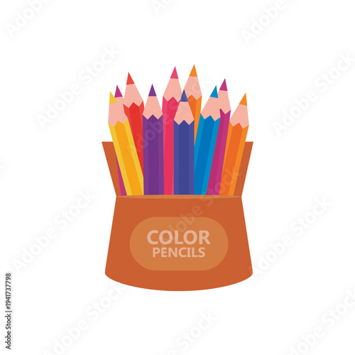 Color pencil in open box vector illustration with flat style, bunch of color pencils isolated on white background.