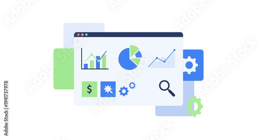 Data Analytics Dashboard Vector Illustration. Business Report, Performance Monitoring, and SEO Optimization Interface.