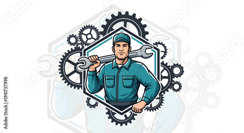 Mechanic holding a large wrench with gears in the background.