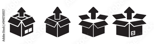 Black open cardboard box icon. Logistics delivery package box symbol