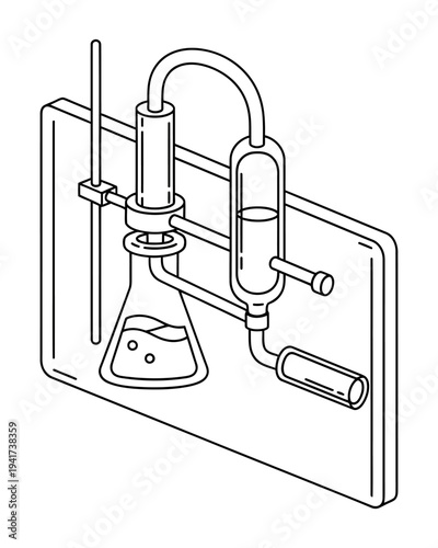 Scientific laboratory apparatus for distillation process demonstrating liquid separation experiment with flask and condenser