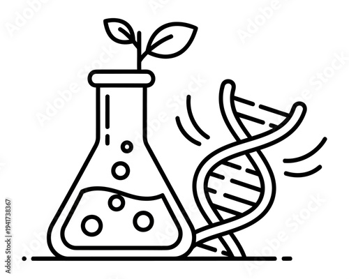 A line art illustration of a plant sprout growing from a laboratory flask next to a DNA double helix, symbolizing biotechnology and genetic research.