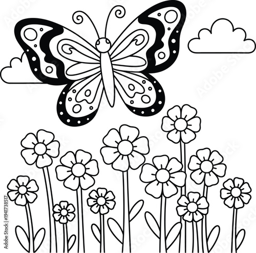 Butterfly and flowers coloring page for kids free printable coloring book