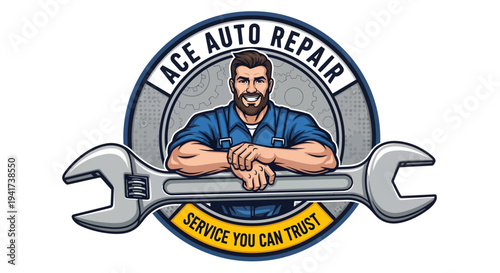 Mechanic with wrench logo for Ace Auto Repair service.
