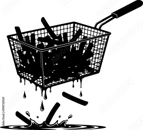Deep Fryer Basket Lifting Fries with Dripping Oil Vector Art