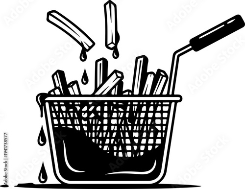 Deep Fryer Basket Lifting Fries with Dripping Oil Vector Art