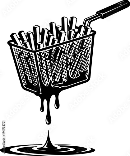 Deep Fryer Basket Lifting Fries with Dripping Oil Vector Art