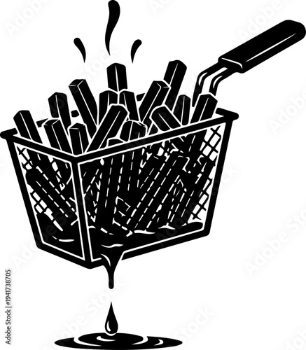 Deep Fryer Basket Lifting Fries with Dripping Oil Vector Art