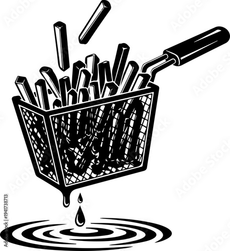 Deep Fryer Basket Lifting Fries with Dripping Oil Vector Art