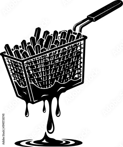 Deep Fryer Basket Lifting Fries with Dripping Oil Vector Art