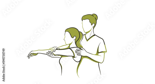 Physical therapist assisting a woman with arm extension exercise.
