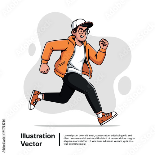 Man running quickly outdoors wearing orange jacket and cap in a dynamic illustration