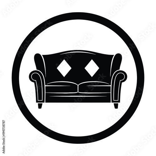 Black sofa icon in circle frame