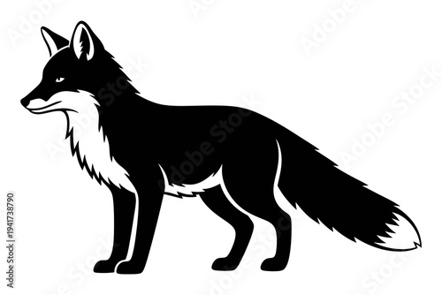 Stylized black and white fox standing sideways, looking left, with a bushy tail.