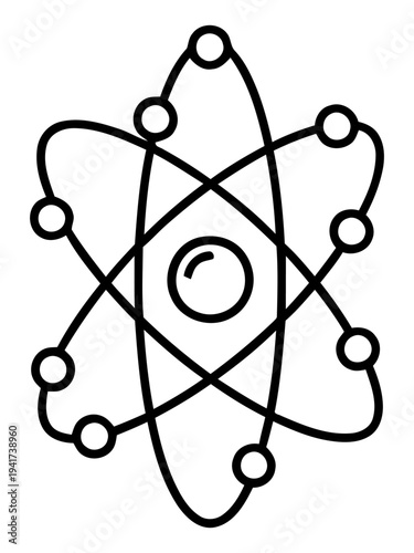 Stylized black and white outline drawing of an atom with a central nucleus and multiple electrons orbiting in elliptical paths.