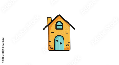 Simple Cartoon House Illustration with Orange Walls and Blue Door.