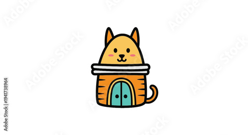 Adorable cartoon cat in doghouse illustration.