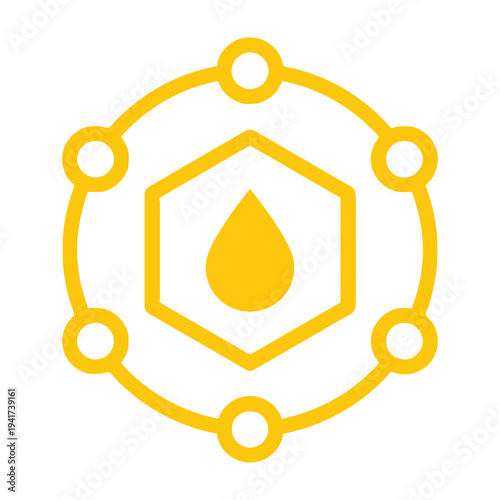 Yellow droplet symbol inside hexagon with circle