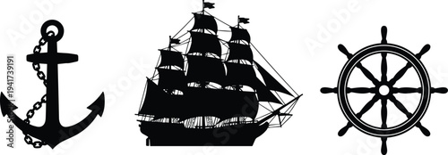 Black nautical silhouettes featuring anchor with chain, historic sailing ship with multiple masts, and classic ship’s wheel symbolizing maritime navigation, stability, and sea exploration