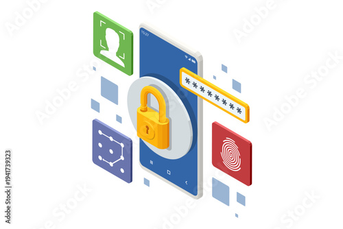 Isometric mobile security illustration with smartphone, padlock, password field and biometric icons. Concept of protected data access, facial scan, fingerprint check and pattern verification for