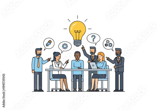Diverse professionals collaborate around a table brainstorming new business ideas with a glowing idea bulb symbolizing innovation and teamwork