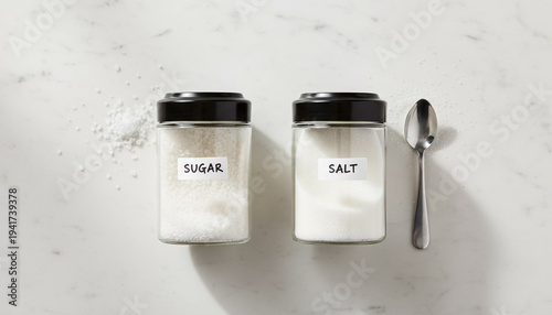 April Fools prank concept with sugar and salt containers swapped on kitchen table, top view minimal background
