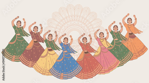 A group of women in traditional Indian clothing dancing in a circle with vibrant colors and joyful expressions.
