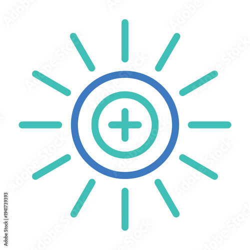 Positive symbol with sun rays and cross icon in blue green