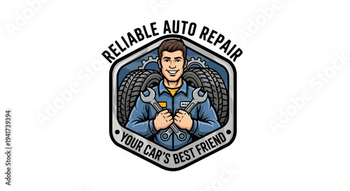 Reliable Auto Repair Mechanic Holding Tools With Tire Background.